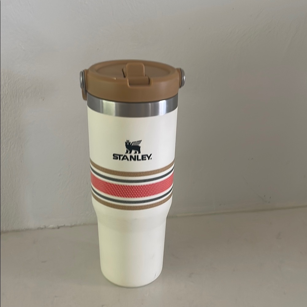 Stanley White and Brown Travel Tumbler with Red Stripe